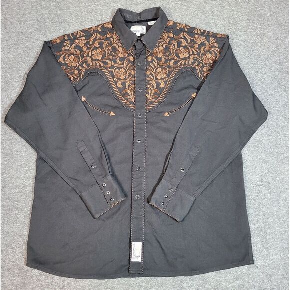 Panhandle Men's Western Shirt Size Xl Black Snap Brown Embroidered Button Down - Picture 1 of 10